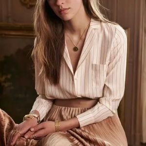 Sezane Florence Shirt (Sz FR 40) Silk Button Up Rose / Taupe / Ecru Stripe